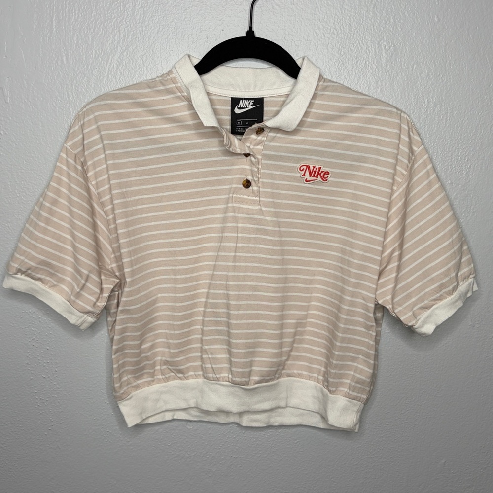 Nike cropped Beige and White Striped Polo